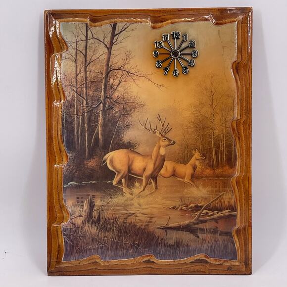 Vintage Lacquered Wood Wall Clock Deer Running in Woods 14x18 inches Retro - Picture 1 of 12